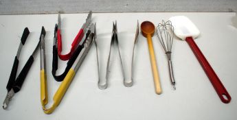 9 x Assorted Cooking/Serving Utensils Including Tongs