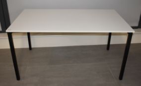 3 x Office Tables Featuring White Tops and Black Metal Bases - Dimensions: 140 x 80 cms