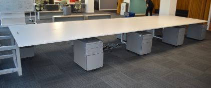 1 x Pod of 8 Office Desks Including Custom TV Mount for Large Screens and Grey Metal Drawer