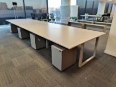 1 x Pod of 8 Office Desks Including Custom TV Mount for Large Screens and Grey Metal Drawer Pedestal