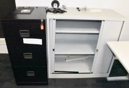 1 x Tambour Sliding Door Office Storage Cabinet with Light Grey Doors and Black Three Drawer Filing