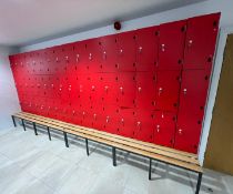 1 x Changing Room Seating Bench with 48 x Integrated Lockers - Modern Design Features Red Lockers