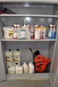 1 x Collection of Commercial Cleaning Products, Red Mop Bucket with Squeezer and a Two Door Storage