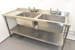 1 x Twin Basin Wash Unit Featuring Two Large Sink Bowls, Taps, Plug Towers, Drainer and Undershelf -