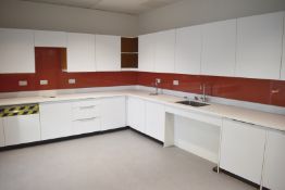 1 x Modern Fitted Kitchen Featuring Solid Wooden Cabinets, Corian Style Worktops, Stainless Steel Re