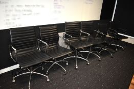 6 x Charles Eames Style Office Chairs Featuring Black Upholstery, Chrome Frames, Castor Wheels