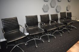 6 x Charles Eames Style Office Chairs Featuring Black Upholstery, Chrome Frames, Castor Wheels