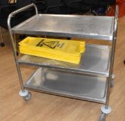 1 x Stainless Steel 3 Tier Canteen Trolley and 3 x Wet Floor Signs