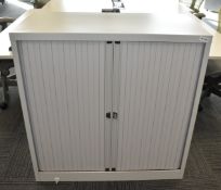 1 x Tambour Sliding Door Office Storage Cabinet with Light Grey Doors - Dimensions: H105 x W100