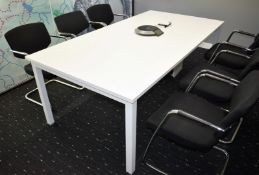 1 x White Boardroom Meeting Table Featuring a Metal Frame, Undercabinet Cable Tidy, Plug Sockets