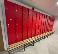 1 x Changing Room Seating Bench with 48 x Integrated Lockers - Modern Design Features Red Lockers