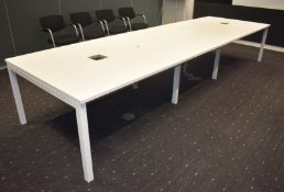 1 x Large Boardroom Meeting Table Featuring a White Finish, Metal Frame, Space For Power Sockets