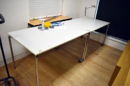 2 x Office Tables with White Top, Chrome Base and Castor Wheels - Dimensions: 120 x 80 cms