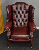 1 x Chesterfield Wingback Armchair Upholstered in Oxblood Red Leather