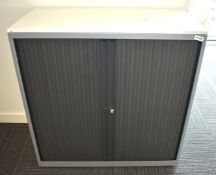 1 x Tambour Sliding Door Office Storage Cabinet with Dark Grey Doors - Dimensions: H105 x W100 x D40