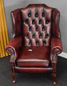 1 x Chesterfield Wingback Armchair Upholstered in Oxblood Red Leather