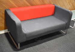 1 x Naughtone Sofa Featuring Dark Grey and Red Fabric with Brushed Steel Supports - Dimensions: W145