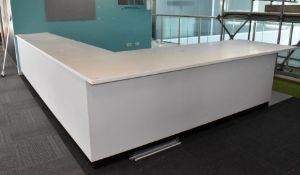 1 x Large L Shaped Reception Counter Featuring Pigeon Hole Shelving, Solid Wood Cabinets and Brushed