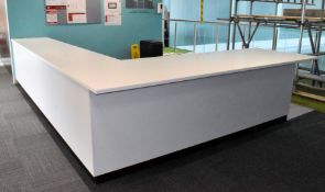 1 x Large L Shaped Reception Counter Featuring Pigeon Hole Shelving, Solid Wood Cabinets and Brushed