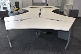 1 x Pod of 8 x Ergonomical Shaped Office Desks with Drawer Pedestals - Dimensions: ?