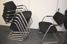 6 x Stackable Cantilever Office Meeting Chairs Featuring Hardwearing Black Fabric, Silver Frames