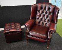 1 x Chesterfield Wingback Armchair with Footstool Upholstered in Oxblood Red Leather