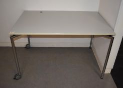 1 x Office Table with White Top, Chrome Base and Castor Wheels - Dimensions: 120 x 80 cms
