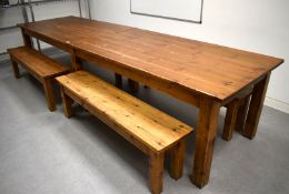 1 x Farmhouse Country Pine Banquetting Table with 4 Seating Stools Dimensions: H75 x W480 x D100 cm