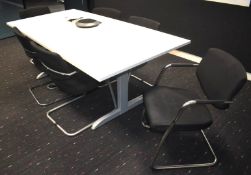1 x White Boardroom Meeting Table Featuring a Metal Frame, Undercabinet Cable Tidy, Plug Sockets