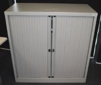 1 x Tambour Sliding Door Office Storage Cabinet with Light Grey Doors - Dimensions: H105 x W100