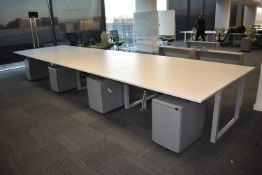 1 x Pod of 8 Office Desks Including Custom TV Mount for Large Screens and Grey Metal Drawer Pedestal
