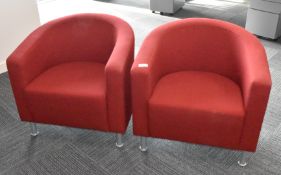 2 x Tub Chairs Featuring Burgundy Fabric and Silver Feet