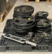 1 x Pallet Containing a Collection of Various Sized Escape Branded Weight Discs and Weights Bar