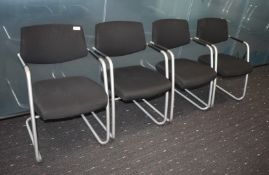 4 x Stackable Cantilever Office Meeting Chairs Featuring Hardwearing Black Fabric, Silver Frames