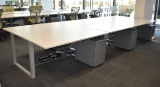 1 x Pod of 8 Office Desks Including Grey Metal Drawer Pedestals on Castors - Each Desk Measures 160x