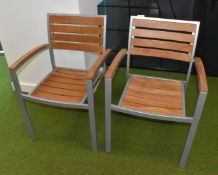 2 x Teak Garden Chairs with Silver Metal Frames and Armrests