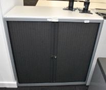 1 x Tambour Sliding Door Office Storage Cabinet with Dark Grey Doors - Dimensions: H105 x W100 x D40