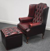1 x Chesterfield Wingback Armchair with Footstool - Upholstered in Oxblood Red Leather
