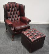 1 x Chesterfield Wingback Armchair with Footstool - Upholstered in Oxblood Red Leather