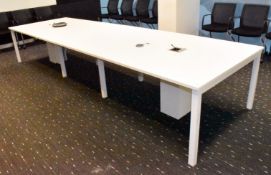 1 x Large Boardroom Meeting Table Featuring a White Finish, Metal Frame, Space For Cubby Power