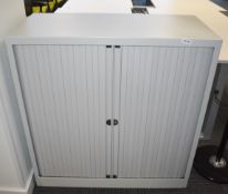 1 x Tambour Sliding Door Office Storage Cabinet with Light Grey Doors H105 x W100 x D40 cms