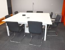 1 x Large Boardroom Meeting Table Featuring a White Finish, Metal Frame, Power Sockets with On/Off