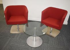 2 x Tub Chairs Featuring Burgundy Fabric and Silver Feet - Includes 1 x Small Coffee Table