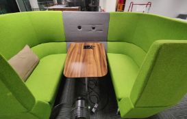 1 x Orangebox CWTCH Four Person High Back Meeting Booth in Grey/Green with Walnut Table & TV Mount