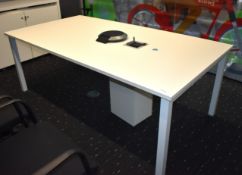 1 x White Boardroom Meeting Table Featuring a Metal Frame, Undercabinet Cable Tidy, Plug Sockets