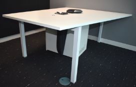 1 x Boardroom Meeting Table Featuring a Shaped Top, Metal Frame, Cable Tidy Sack and Power Sockets