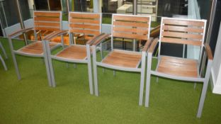 4 x Teak Garden Chairs with Silver Metal Frames and Armrests