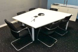 1 x Boardroom Meeting Table and Chair Set Featuring a Shaped Top, Metal Frame, Cable Tidy Sack