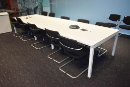 1 x Large Boardroom Meeting Table and Chair Set Featuring a White Finish, Metal Frame, Power Cubby