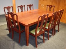1 x Mahogany Dining Table with 8 x Chairs Featuring Green Leather Seat Pads - Dimensions: